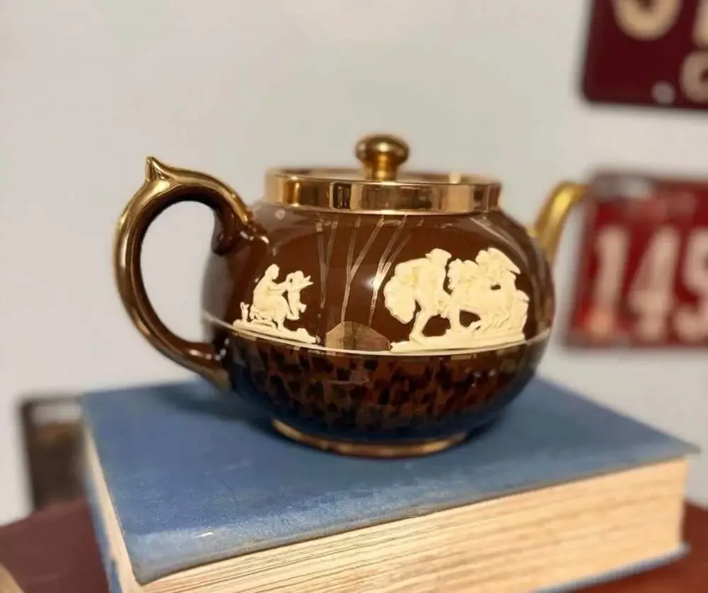 Gibsons Staffordshire England Vintage Ceramic Teapot Brown Gold Relief